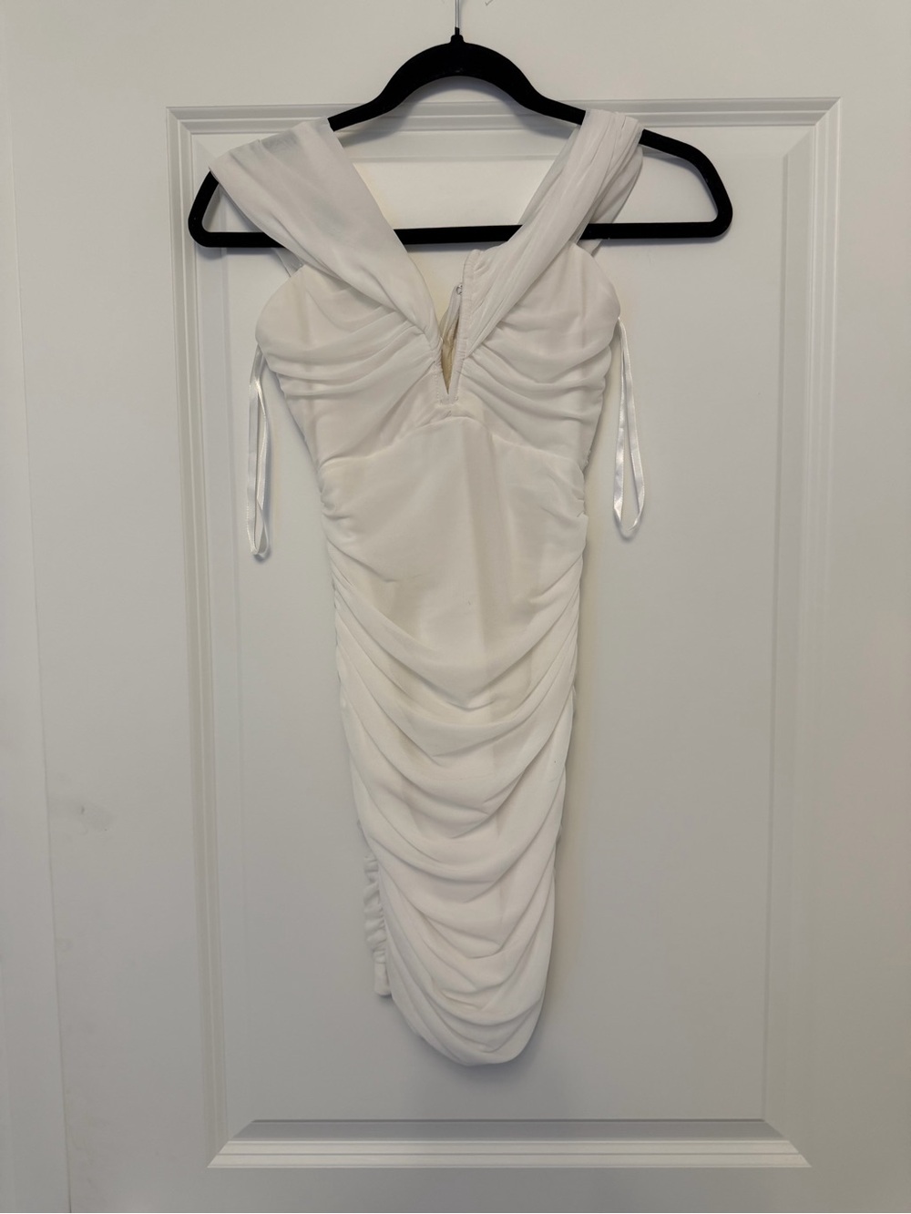 Selfie Leslie White Ruched Off-Shoulder Mini Dress